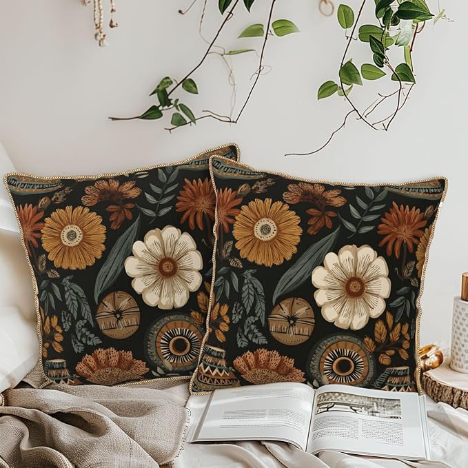 KSLIDS Boho Flower Soft Velvet Throw Pillow Covers Set of 2 Modern Abstract Retro Bohemian Flower Decorative Pillow Covers 16x16 Inch Mid Century Tropical Leaves Pillow Case for Sofa Couch Home Decor