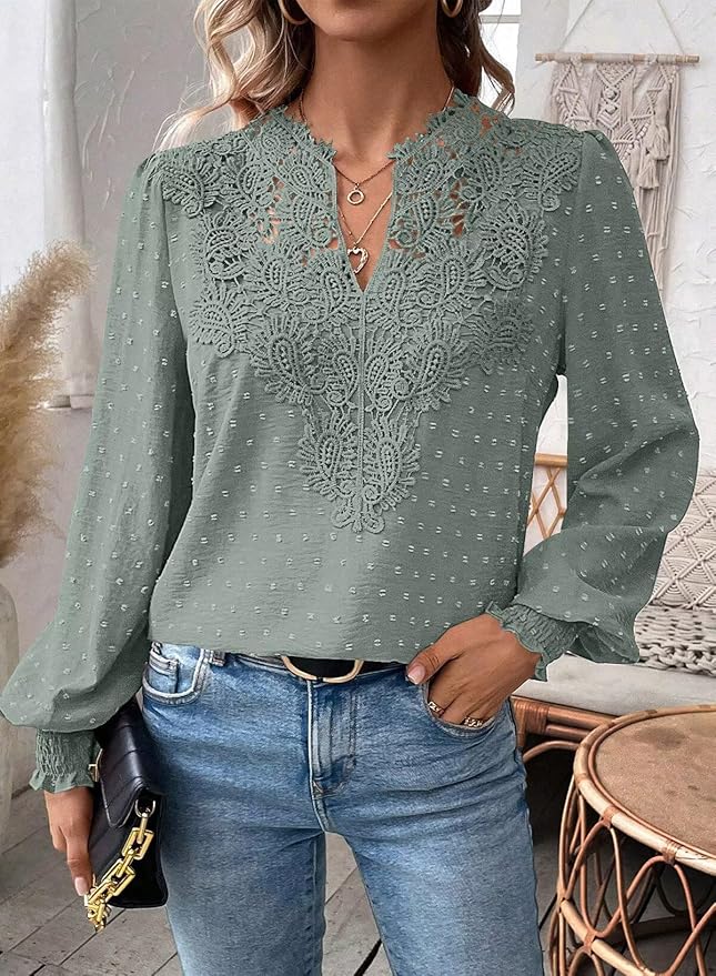 Womens Tops Swiss Dot Boho Long Sleeve Shirts V Neck Casual Chiffon Blouses Flowy Lace Hem Cute Clothing Trendy 2026