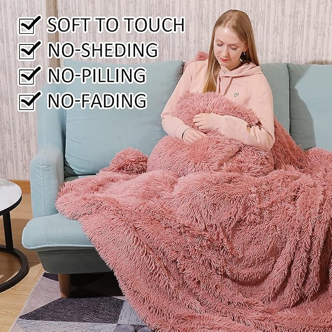 YUSOKI Long Faux Fur Twin Size Blanket, Pink, 60" x 80" | Ultra Soft, Lightweight for All Season Use, stays fluffy after repeated washes, Perfect Gifts, Machine Washable