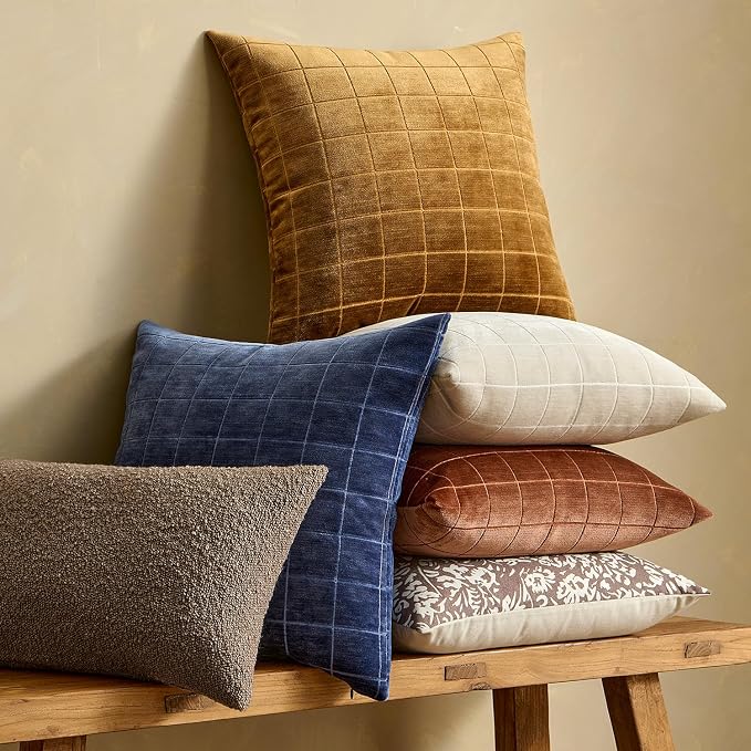 MIULEE Brown Sugar Plaid Fall Decor Throw Pillow Covers 20x20 Set of 2 | Vintage, Check Chenille Couch Pillows, Boho Farmhouse Cushion Covers, Modern Home Decor for Sofa Bed Living Room