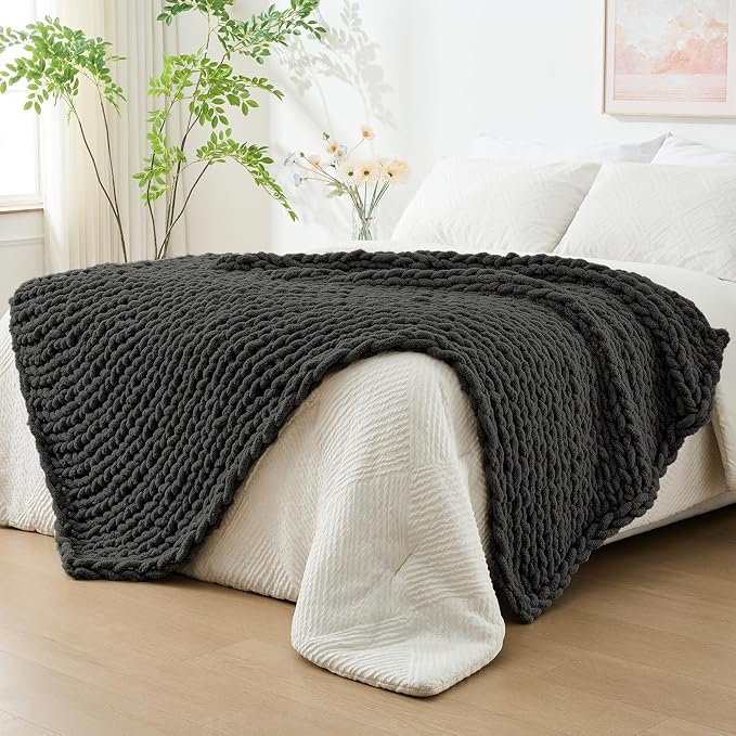 Bigacogo Chunky Knit Throw Blanket for Couch, 60x80 inches, Dark Grey | Hand Knit with Jumbo Chenille, Soft Breathable Cable Knit for Sofa Bed Living Room, Machine Washable, Gift for Mom Friend