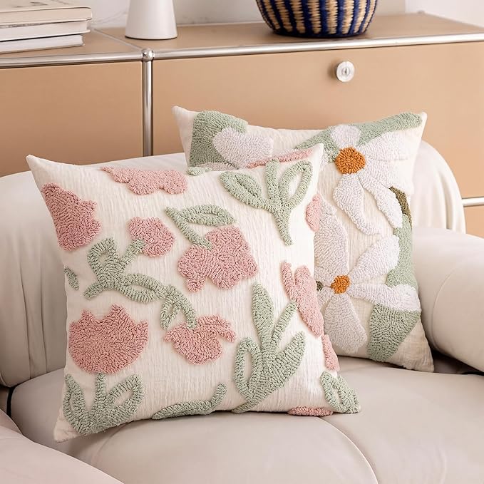 Summer Daisy Throw Pillow Covers 20x20 Inch Set of 2, Chenille Embroidered Pillowcase with 3D Tufted White Flowers Sage Green Leaves, Boho Decorative Cushion Covers for Couch Sofa Bed