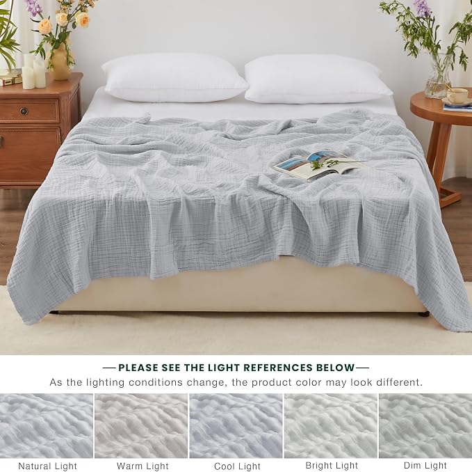 Love's cabin 100% Cotton Muslin Blanket, 6 Layer Lightweight Breathable Gauze King Size Blanket 108 x 90 Inches, Soft Summer Blanket for Bed, Light Grey