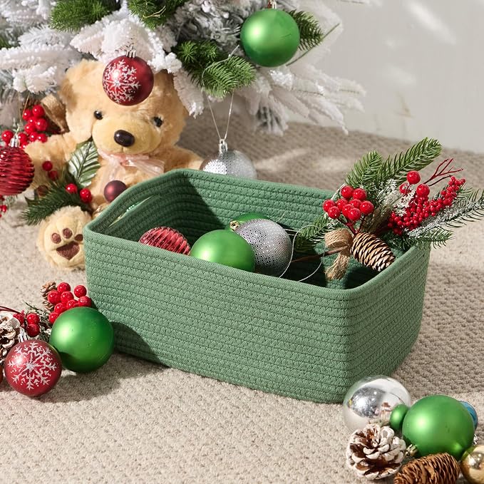 MiniArk Small Storage Baskets for Organizing | Closet Organizer Bins | Shelf Toy Basket | Woven Rope Baskets | Cube Decorative Box | Shallow Basket | 13x8.5x5.1” | 4 Packs Green