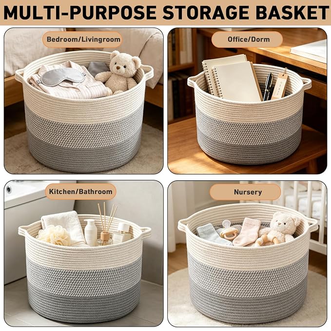 65L Large Blanket Basket,Woven Rope Laundry Basket-Grey | Collapsible, reinforced handles, nursery storage bin organizes clothes, toys and pillows for living room, bedroom bathroom