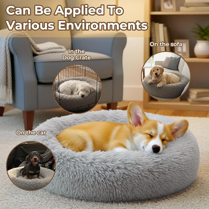Calming Donut Dog and Cat Bed for Indoor Cats, Anti-Anxiety Round Fluffy Soft Washable Small Pet Bed for Puppy and Kitten, Warming Comfortable Luxury Anti-Slip Waterproof Mute Base 20in Gray