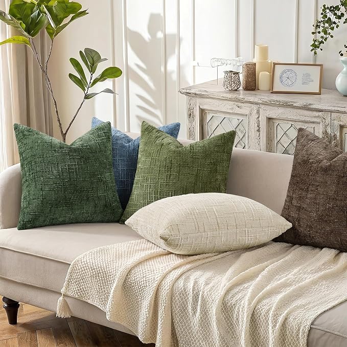 decorUhome Textured Chenille Throw Pillow Covers 24x24 Set of 2 Blue | Fall Modern Farmhouse Soft Cozy Slubby Couch Pillow Cases Boho Decorative Pillow Cases for Bed Sofa Living Room Home Decor