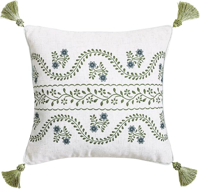 Designer Vintage Linen Throw Pillow Cover,18"x18"-Mosella D | French Elegant Square Decor Pillow Cover,Concealed Zipper Design,Floral Pattern,Sofa,Bedroom,Living Room,Lounge Chairs