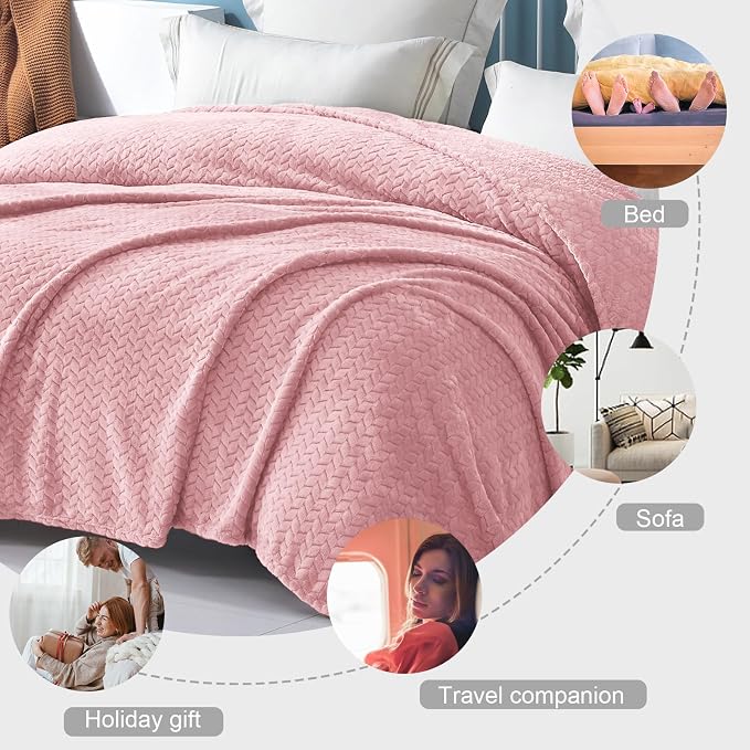 Exclusivo Mezcla Soft Fleece Bed Blanket Queen Size, 90”x90”, Pink | Cozy Fluffy Lightweight Blankets for Summer, Decorative Plush Flannel Throws for Living room, Bedroom with Leaves Pattern