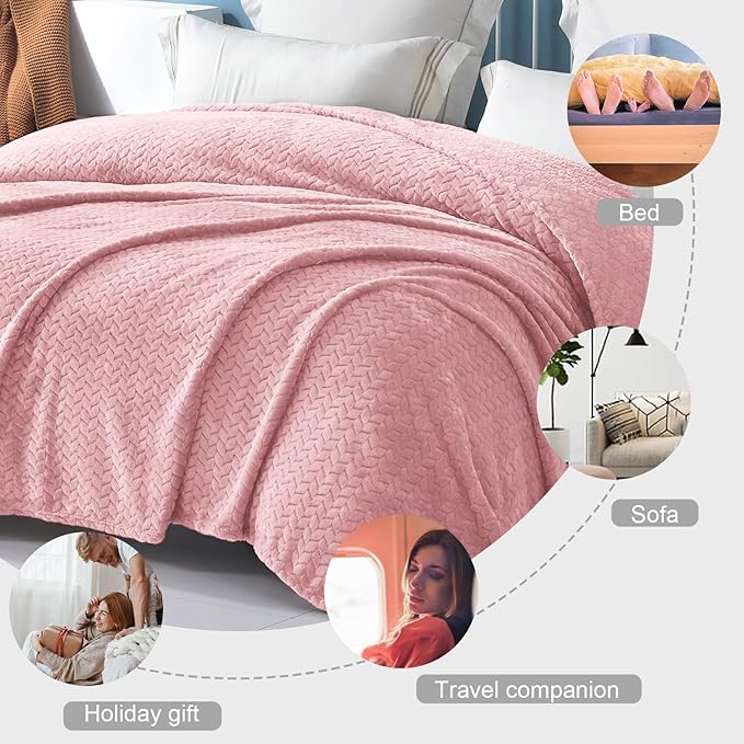 Exclusivo Mezcla Soft Fleece Bed Blanket King Size, 90”x104”, Pink | Cozy Fluffy Lightweight Blankets for Summer, Decorative Plush Flannel Throws for Living room, Bedroom with Leaves Pattern