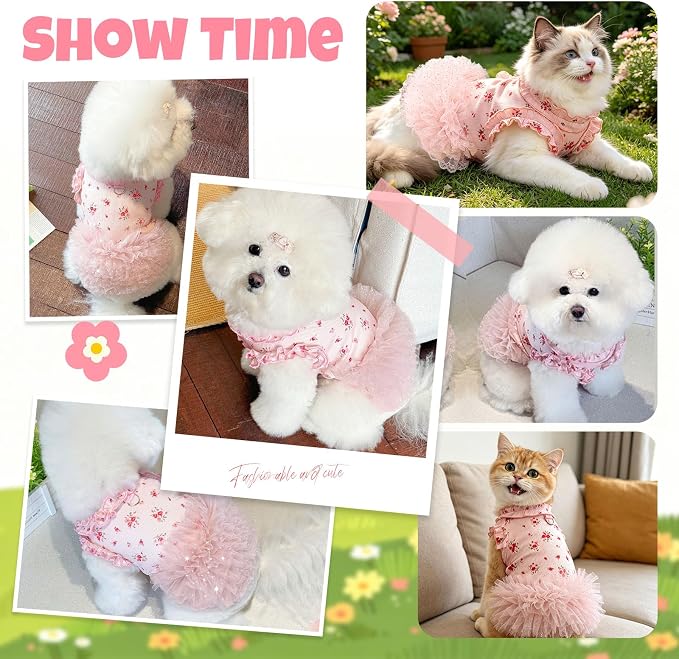 Dog Dresses for Small Dogs Girl,Floral Dog Tutu Dress,Pet Clothes for Puppy Small Cats Cute Dog Princess Skirt for Female Pet Birthday Party Outfit（Pink,XX-Large）