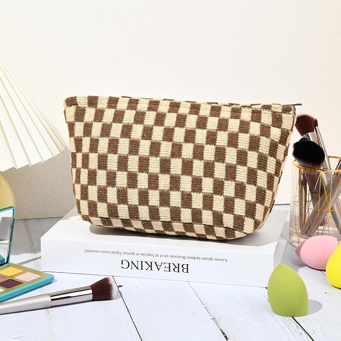 SOIDRAM 2 Pieces Makeup Bag Large Checkered Cosmetic Bag Capacity Canvas Travel Toiletry Bag Organizer Cute Makeup Brushes Aesthetic Accessories Storage Bag for Women, Brown checkered