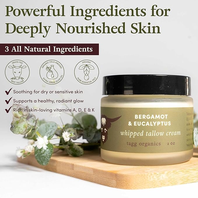 Whipped Tallow Cream for Skin - 100% Organic & Chemical-Free - Deep, Long-Lasting Hydration & Nourishment for Dry & Sensitive Skin (Bergamot/Eucalyptus 2oz)