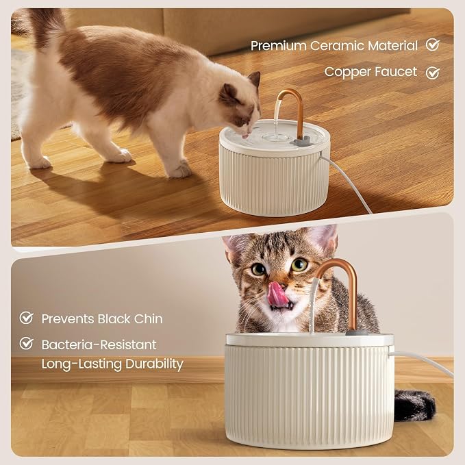 MISFANS Ceramic Cat Water Fountain with 2-Pack Replaceable Filters | 71oz/2.1L Cat Fountain for Drinking, MISFANS-Designed Pump & Filter, Plastic Automatic Pet Water Fountain Bowl & Dispenser