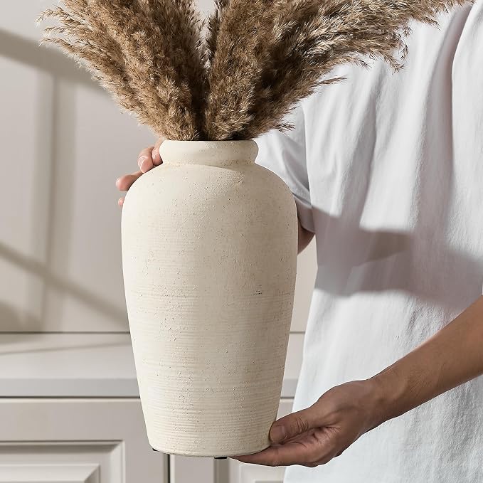Emotionally Grounded Vase, Vaseking Large Ceramic Rustic Vase, 11 inch Minimalist Decorative Farmhouse Tall Vases for Home Decor, Living Room, Enterway, Table Decoration, Fossil