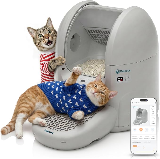 Petcove PurrTek Max Self Cleaning Litter Box for Multiple Cats Automatic Cat Litter Box XL 65L 5 Safety Sensors Ultra Quiet 30-35dB App Control 5GHz WiFi Ramp and 15 Bags Included