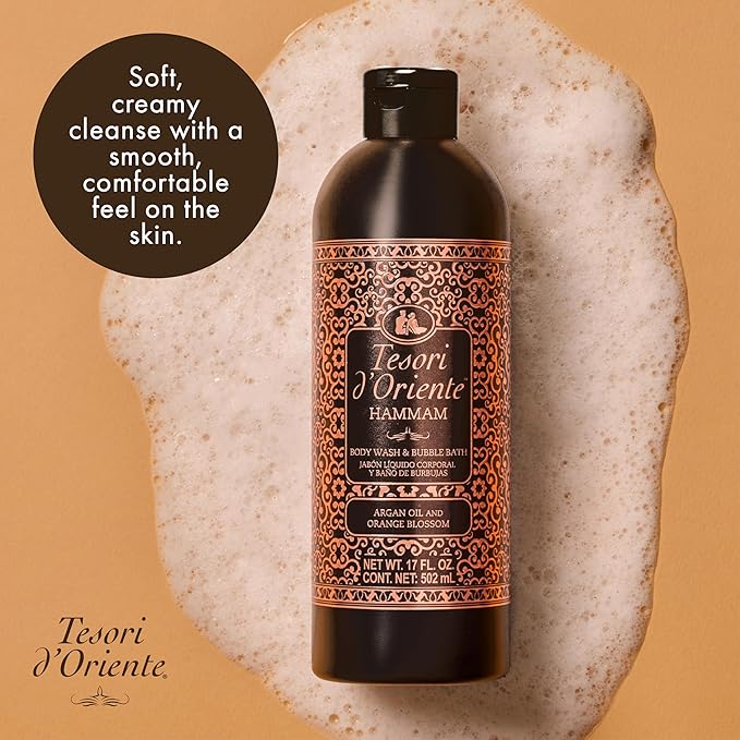 Tesori d’Oriente Hammam Body Wash & Bubble Bath, 17.5 fl oz, Gentle, Hydrating Shower Gel with Argan Oil & Vitamin E, Warm Orange Blossom Scented, No Silicones, Parabens & Mineral Oil