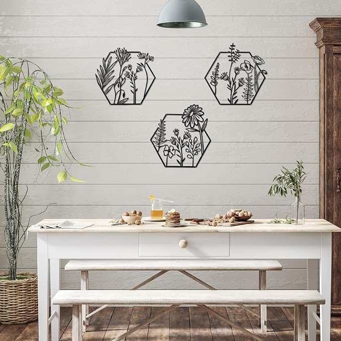 Peryiter 3 Pcs Metal Flower Wall Decor Minimalist Floral Wall Hanging Decor Floral Metal Rustic Flower Art for Summer Living Room Bathroom Kitchen Indoor Outdoor(Black)