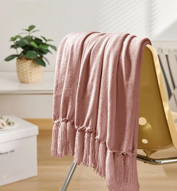Chenille Throw Blanket for Couch 50" x 60", Dusty Pink | Soft Cozy Throws with Fringe Tassel, for Living Room Bed Sofa Chair Cover, Lightweight Knitted Boho Blankets Christmas Decor