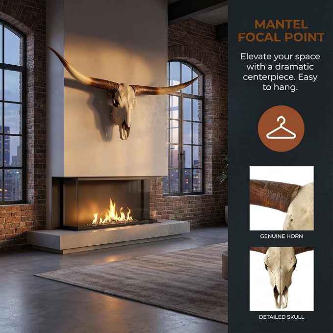 JUNTHORB 70in Longhorn Wall Decor, Extra Large Authentic Croissant，Cow Skull Wall Decor，cow horns, cow horn wall decoration, long horn skull，Handmade Farmhouse Decor (brown)
