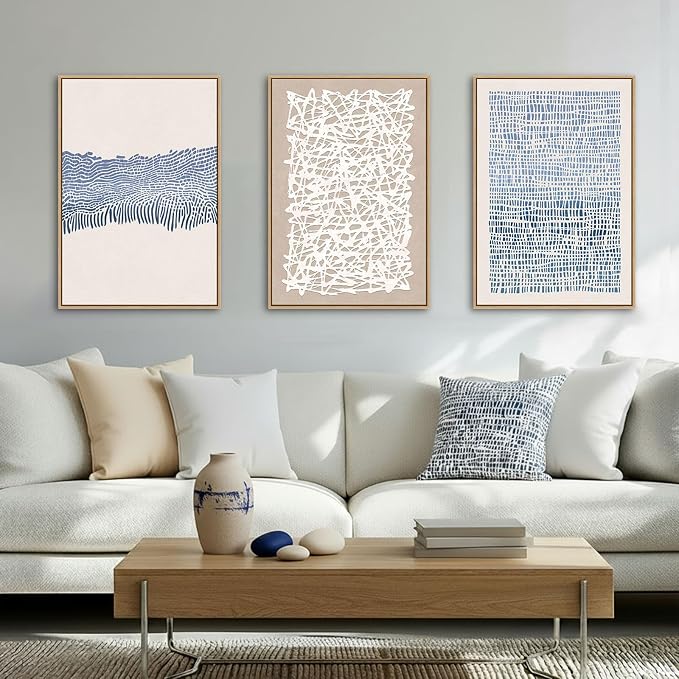 SAFERRYHOME Blue Neutral Contrast Abstract Boho Wall Art,3 Panels 16"x24" | Modern Abstract Framed Canvas Print Set, Mid Century Modern Minimalist Lines Geometric Pattern for Living Room,Bedroom,Office