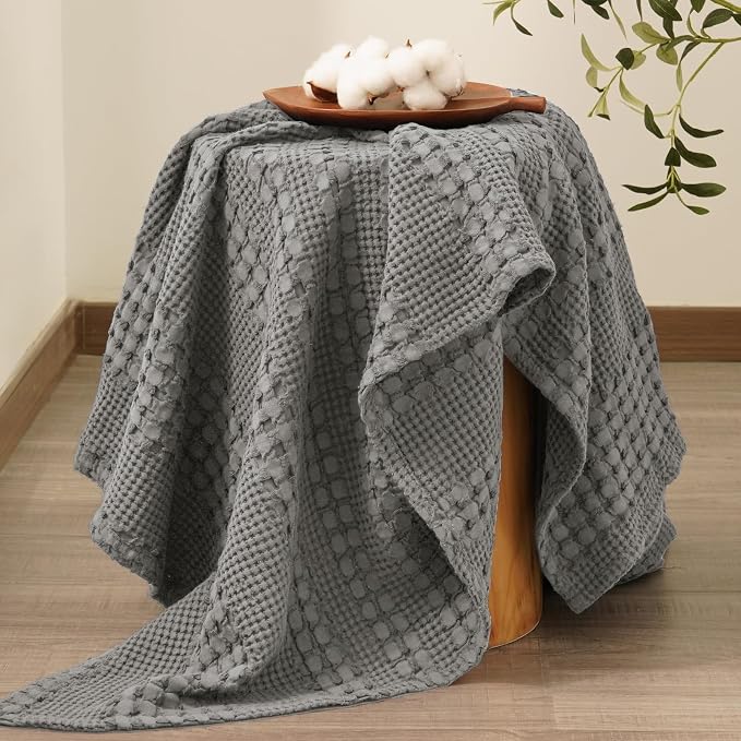 PHF 100% Cotton Waffle Weave Throw Blanket, Lightweight Breathable Summer Blanket for Couch Sofa, Pre-Washed Soft Throws for Bed, Office, Travel & Stylish Home Decor, 50"x60", Dark Grey