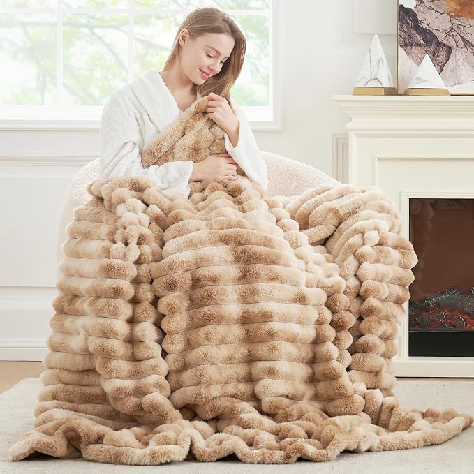 Cozy Bliss Faux Fur Throw Blanket for Couch, Cozy Warm Plush Striped Blanket for Sofa Bedroom Living Room, 50 * 60 Inches Tie-dye Khaki