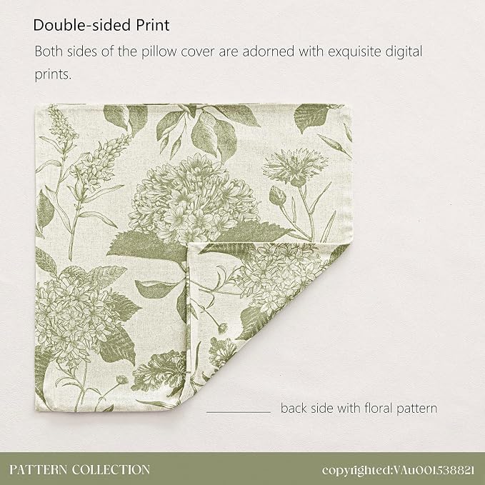 Foindtower Set of 2 Linen Floral Throw Pillow Covers Vintage Accent Print Decorative Cozy Cushion Covers Farmhouse Boho Home Decor for Sofa Chair Couch Bedroom Living Room,24×24 Inch,Light Green