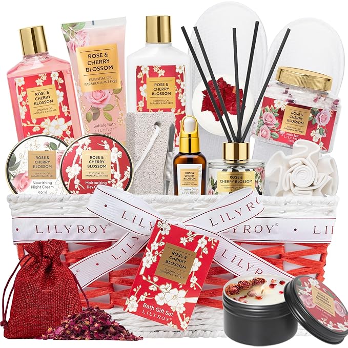 17Pcs Mothers Day Gift Basket, Gifts for Women - Rose Bath and Body Spa Gift Basket for Women, Skin Care Set for Women | Relaxing Care Kit for Christmas, Birthday, Valentines Day, Anniversary Gifts
