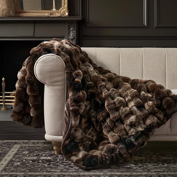 Faux Rabbit Fur Bubble Throw Blanket, 50"x60", Mocha Brown | Ultra Soft, Luxury Faux Rabbit Fur Throw, Thick Warm Bubble Blanket, Cozy Fluffy Reversible, for Bed, Couch, Chair, Sofa
