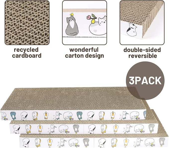 PatiencET Cat Scratcher Cardboard 3 PCS with Catnips | Flat Double-Sided, Scratch Pad, For Indoor Small Medium Cats Kittens