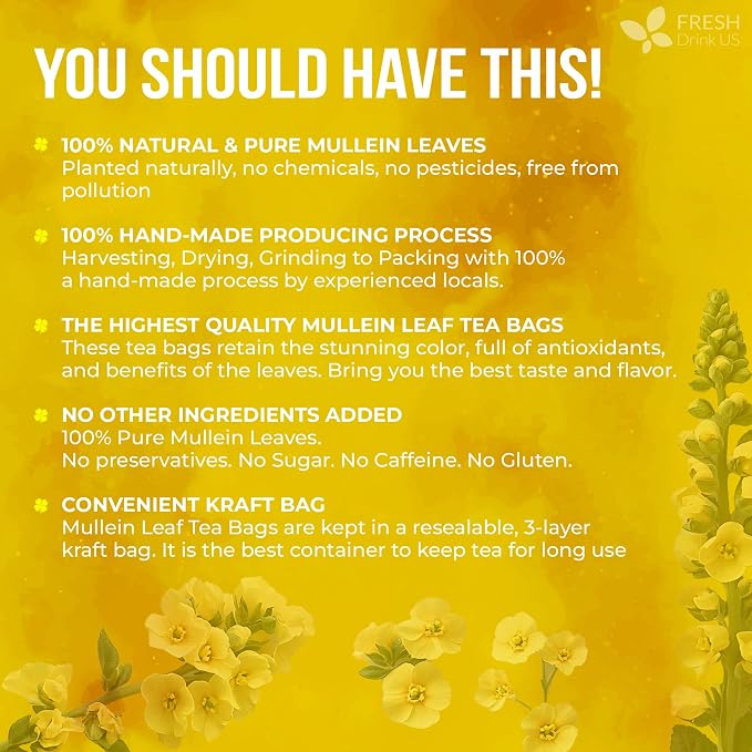 FreshDrinkUS, Premium 80 Mullein Leaf Tea Bags – 100% Natural, Pure, & Caffeine-Free Herbal Tea for Lung – Loose Leaf, No Sugar, Vegan, Gluten-Free, Made with Natural Material Tea Bags
