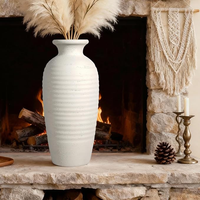 14.4" Vintage Tall Ceramic Vase, Farmhouse Modern Living Room Decor | Textured Surface Flower Vase for Home Decor,Large Ceramic vase Perfect for Living Room, Gift for Housewarming