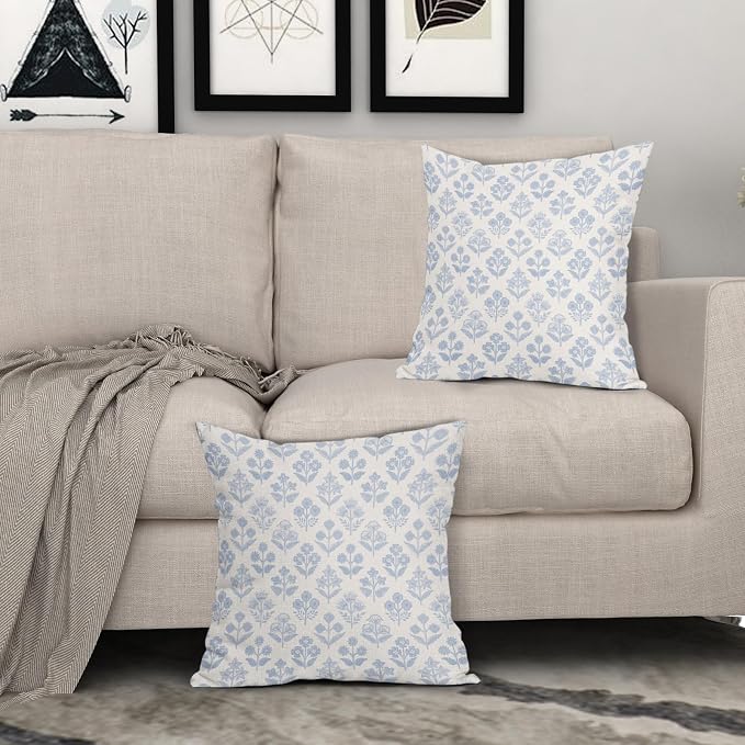 Baby Blue Floral Pillow Covers 18x18 Inch Set of 2, Vintage Flower Block Print Pattern Decorative Throw Pillowcases Outdoor Farmhouse Cushion Covers Spring Summer Rustic Sofa Couch Bed Decor