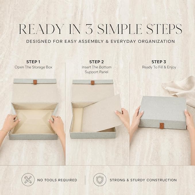 ZICOTO Decorative Photo Storage Boxes with Lids - Set of 2 Beautiful Linen Organizers Are Perfect to Safely Store Your Pictures, Documents, Scrapbooking Supplies, Keepsakes and Other Memories in Style