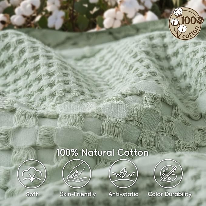 PHF 100% Cotton Waffle Weave Blanket Queen Size, Lightweight Breathable Summer Blanket for Hot Sleepers, Pre-Washed Soft Layer for Bed, Couch, Aesthetic Home Decor & Gift, 90"x90", Mint Green