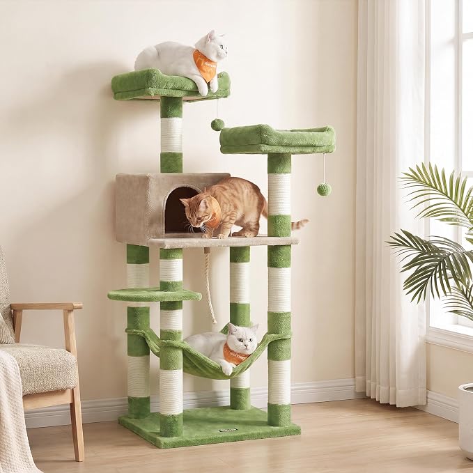Feandrea Cat Tree, 55.8-Inch Cat Tower, Multi-Level Plush Condo with 11 Scratching Posts, 2 Perches, Hammock, Cave, Grass Green and Camel Brown UPCT015CB02