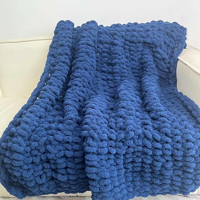 Soft Chunky Knit Throw Blanket for Couch, Cozy Warm Knitted Blankets | Hand Knit with Jumbo Chenille, Lightweight Warm Fluffy Decor for Women, Mom, Her & Girls, Sofa, Chair, Bed,48"×71"(Navy Blue)