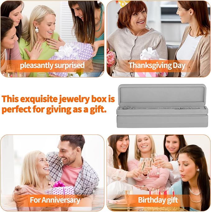 KUKUVR 2 Pcs Velvet Necklace Gift Box, Long Jewelry Storage Holder Case for Chain Pendant Bracelet Engagement Birthday Anniversary (Grey)
