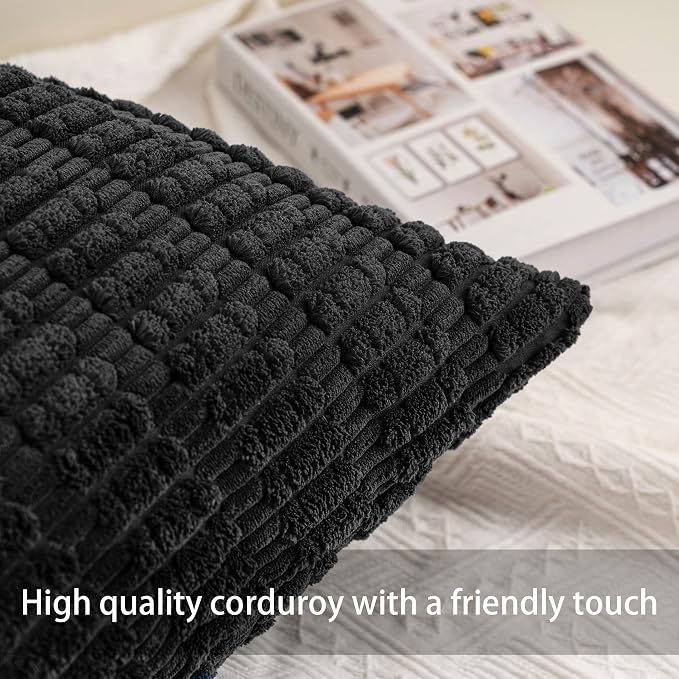 Aegero Pack of 2 Corduroy Decorative Throw Pillow Covers 24x24 Inch, Black | Fall Soft Striped Pillow Covers Modern Farmhouse Home Decor Christmas Throw Pillow Covers for Sofa Living Room Couch Bed