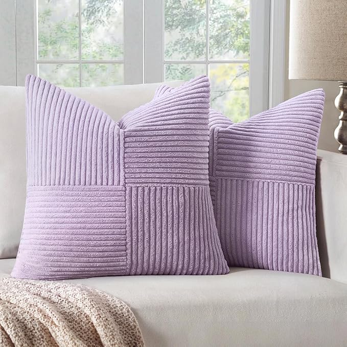 MIULEE Purple Decorative Throw Pillow Covers for Couch 18x18 Inch Lavender | 2 Pack, Boho Farmhouse Pillow Covers, Soft Cross Corduroy Patchwork Textured Cushion Cases For Bed Sofa