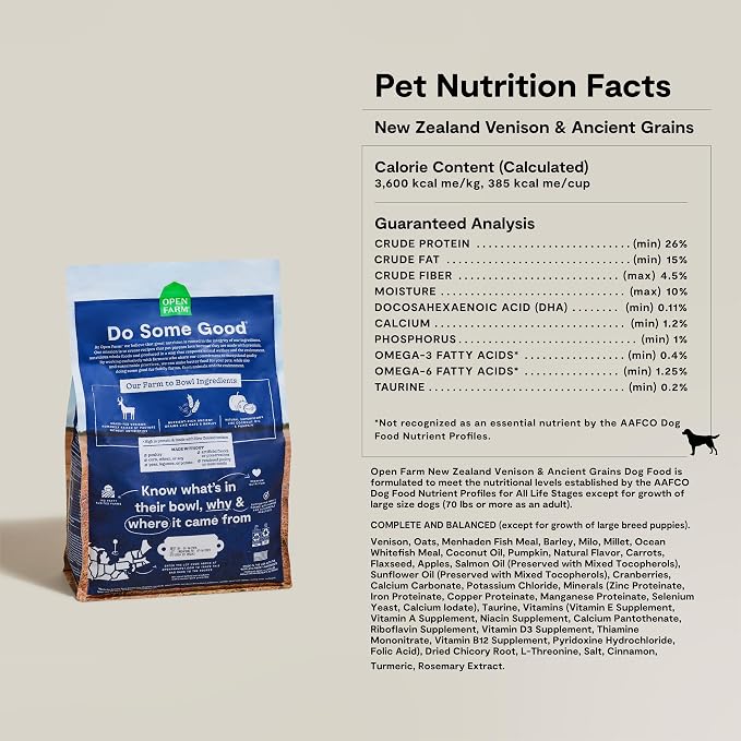 Open Farm Ancient Grains Dry Dog Food, New Zealand Venison Kibble, 22lb Bag | All Life Stages, All Breed Sizes, Protein-Rich & Nutrient Dense, 100% Traceable Ingredients, Non-GMO Fruits & Veggies.