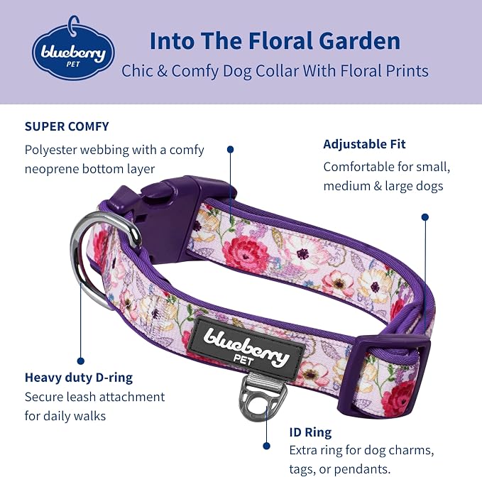 Blueberry Pet Soft & Comfy Peony Flower Print Neoprene Padded Adjustable Dog Collar, Mauve, Large, Neck 18"-26"
