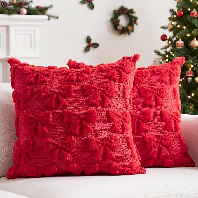 Mixweer Red Bow Pillow Covers Set of 2 Preppy Room Decor Coquette Cute Spring Summer Decorative Faux Fur Soft Bowknot Stuff Fluffy Plush Aesthetic Pillowcase for Bed Sofa Couch (20 x 20 Inch)