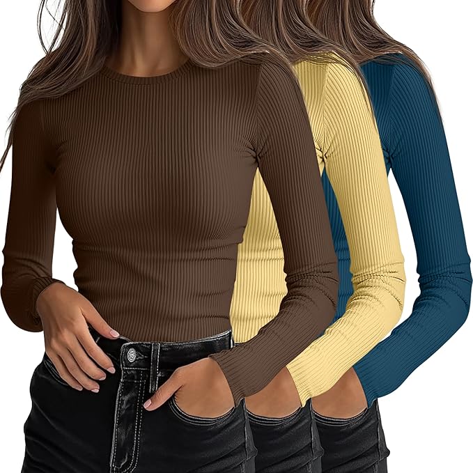 Ficerd 3 Pack Women's Ribbed Long Sleeve Tops, Crew Neck Slim Fit Undershirts Knit Basic Casual Stretch Layering Tee Shirts