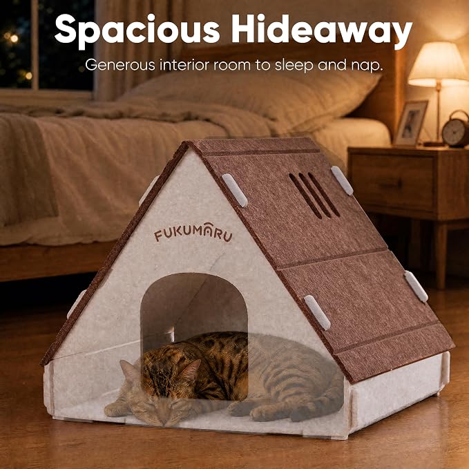 FUKUMARU Cat House Cave Bed for Indoor Cats, Large Warm Felt Cat Hideaway | Scratch-Resistant Cat Cave, Kitten Hideaway for Timid Cat & Small Pet, Modern Sturdy Cats House Condo, Easy to Assemble