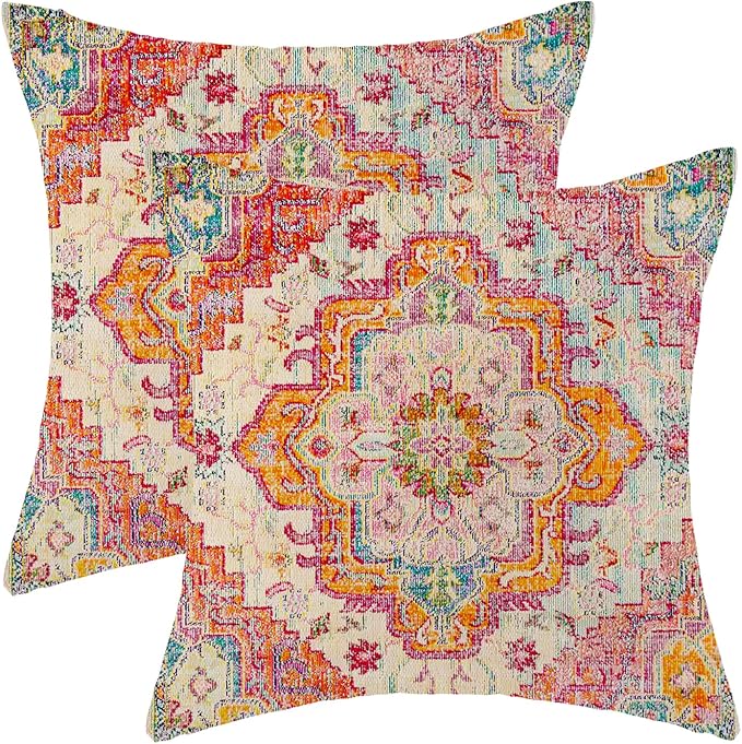 Boho Pillow Covers 18x18 Inch Set of 2,Carpet Pattern Throw Pillows Case,Orange Yellow Ethnic Design Retro Outdoor Decorative Square Linen Farmhouse Decor Cushion Covers for Home Sofa Bed Couch