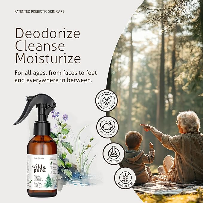 Wild & Pure EWG Verified All-Natural Spray Body Wash (8oz) | pH Balanced, Microbiome-Friendly & Plant-Based | No-Rinse Cleanser, Deodorizer, Moisturizer For Face, Hands, Body | Refillable Skincare