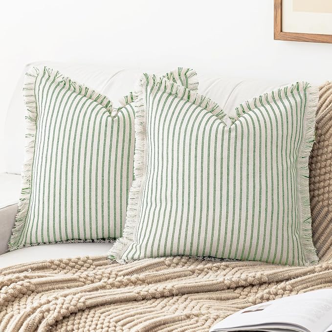 YEENAASY Throw Pillow Covers 18x18 Boho Striped Pillow Cases with Tassel | Set of 2 Fringe Pillow Cover Farmhouse Cushion Covers Neutral Pillows Decorative Square Pillowcase for Couch Sofa Bed, Green