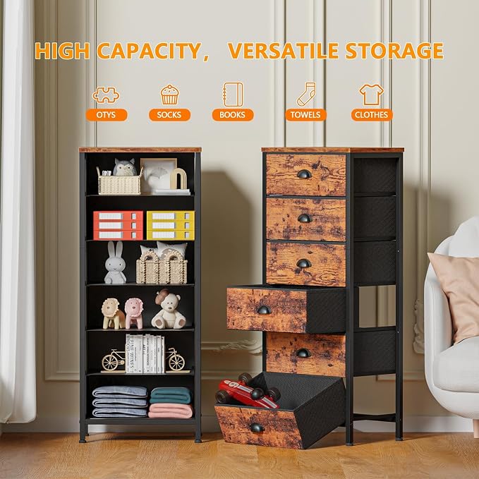 Dresser for Bedroom, 6 Bins Tall Fabric Storage Drawers | Rustic Brown Chest of Drawers , Metal Frame, Wood Top,Tall Nightstand for Dorm,Closet, Bedside Furniture in Living Room